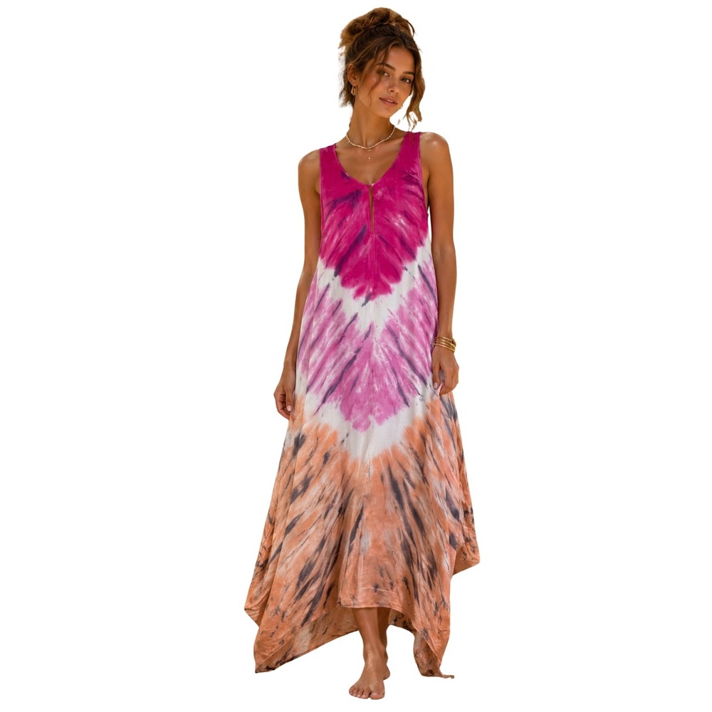 Young Fabulous & Broke Dress‎ Medium Pink Orange Tie Dye Handkerchief Hem Maxi